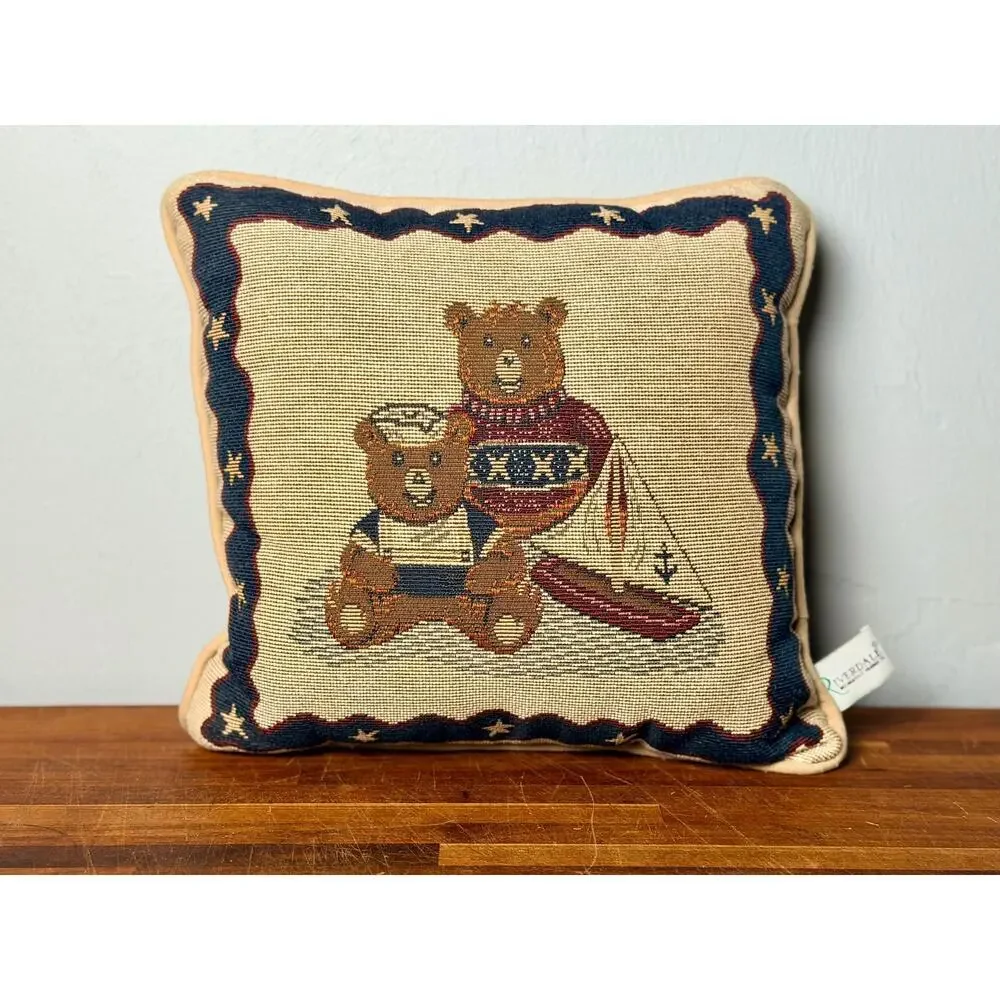 Vintage Riverdale Teddy Bear Tapestry Pillow Nautical Sailboat Americana Coastal